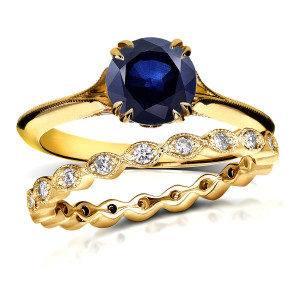 Antique Floral Eternal Bliss Ring with 1ct Blue Sapphire and 2/5ct TDW Diamonds in Yaffie Gold