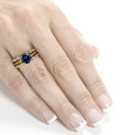 Gold Floral Double Eternity Wedding Band Set with a 1ct Blue Sapphire and 3/4ct TDW Diamonds by Yaffie