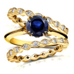 Gold Floral Double Eternity Wedding Band Set with a 1ct Blue Sapphire and 3/4ct TDW Diamonds by Yaffie