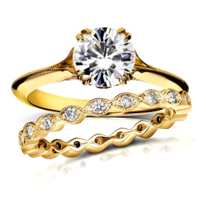 Antique Floral Bridal adorned with 1ct Round Moissanite and 2/5ct TDW Diamonds by Yaffie Gold.