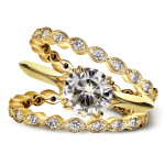 Floral Antique Double Ring with 1ct Round Moissanite & 3/4ct TDW Diamonds in Yaffie Gold