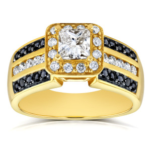 Yaffie ™ Bespoke Princess Cut Halo Ring: 1ct TDW Black and White Diamonds in Wide Gold Band.