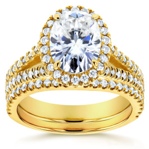 Gold Oval Halo Bridal Ring Set featuring 2 1/5ct TGW Moissanite and Diamonds on a Split Shank by Yaffie.