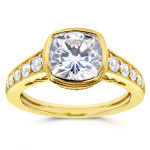 Gold Cushion Bezel Yaffie Engagement Ring with 2 2/5ct Moissanite & Diamond