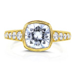 Gold Cushion Bezel Yaffie Engagement Ring with 2 2/5ct Moissanite & Diamond