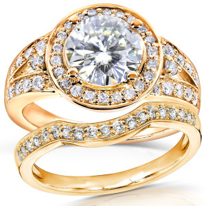 Yaffie Gold 2ct Forever Brilliant Moissanite & Diamond Bridal Ring Set with Halo Split Shank