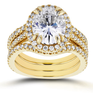 Gold 3ct Oval Moissanite and 4/5ct TDW Diamond Halo 3-Piece Bridal Set - Custom Made By Yaffie™