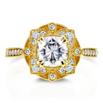 Eternal Beauty: Yaffie Gold Cushion with Forever One Moissanite and 1/4ct TDW Diamond in a Floral Antique Design.