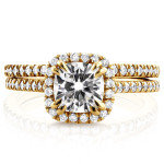 Yaffie Gold Moissanite Cushion with Diamond Halo Cathedral Bridal Set