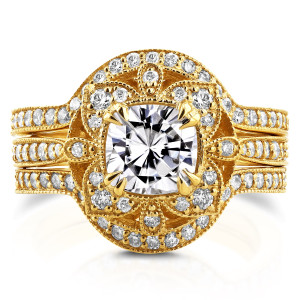 Floral Antique Bridal Set with Yaffie Gold Moissanite and Dazzling 5/8ct TDW Diamonds in 3-Pieces