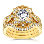 Floral Antique Bridal Set with Yaffie Gold Moissanite and Dazzling 5/8ct TDW Diamonds in 3-Pieces