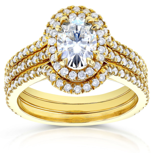 Gold Oval Diamond Halo Bridal Rings Set with 1.6ct TDW