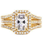 Radiant Yaffie Gold Bridal Set with Halo Diamonds and Moissanite