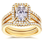 Radiant Yaffie Gold Bridal Set with Halo Diamonds and Moissanite