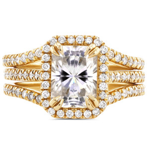 Glimmering Yaffie Bridal Trio with Radiant Cut Moissanite and Dazzling Diamond Halo.