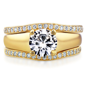 3-Piece Set: Yaffie Gold Round Cut Moissanite Engagement Ring with 1/3ct TDW Diamond Bands