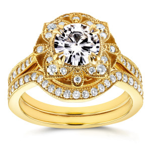 Floral Antique Bridal Set with Yaffie Gold Round Moissanite and 1/2ct TDW Diamonds