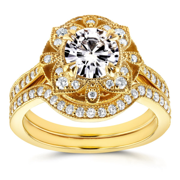 Floral Antique Bridal Set with Yaffie Gold Round Moissanite and 1/2ct TDW Diamonds