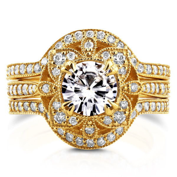 Gold Floral Antique Bridal Set with Round Moissanite and 5/8ct TDW Diamond - Yaffie