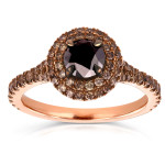 Yaffie ™ Custom Double Halo Ring - Black & Champagne Round Diamonds, 1 1/2ct TDW, in Rose Gold