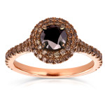 Custom-Made Yaffie™ Ring: Double Halo Beauty with 1 1/2ct TDW Round Black and Champagne Diamonds in Rose Gold