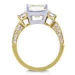 Certified Yaffie Three-Stone Diamond Ring with Radiant and Emerald Cut, 5 4/5ct TDW in Two-Tone Gold.