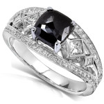 Yaffie ™ Custom White Gold Ring with 1.75ct TDW Cushion Cut Black and White Diamonds