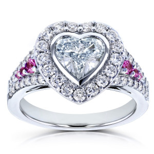 Certified White Gold Heart Halo Ring with 1.8ct Diamond & Pink Sapphires