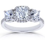 Certified White Gold Engagement Ring with Cushion Halo and 3 Diamond Stones - 2 4/5ct TDW by Yaffie
