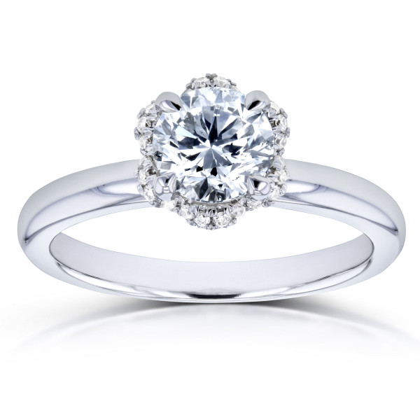 Floral Wavy Halo Engagement Ring with Sparkling 7/8ct TDW Round Diamond in Yaffie White Gold