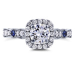 Platinum Vintage-Style Halo Engagement Ring with TCW 1 1/5 Diamonds and Sapphires, Yaffie Certified.
