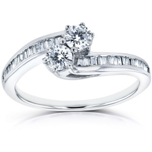 Curved Two-Stone White Gold Ring with 1/2ct TDW Round and Baguette Diamonds by Yaffie