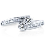 Curved Two-Stone White Gold Ring with 1/2ct TDW Round and Baguette Diamonds by Yaffie