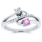 White Gold Pink Sapphire Diamond Curved Ring by Yaffie Two Stones