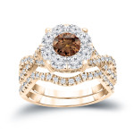 Braided Brown Diamond Bridal Ring Set with Yaffie 1 1/5ct Total Diamond Weight Cluster
