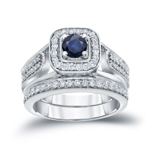 Bridal Set Featuring 1/6ct Blue Sapphire and 1/2ct Total Diamond Weight by Yaffie