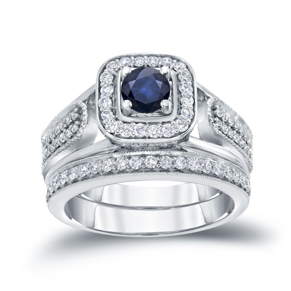 Blue Sapphire and Diamond Bridal Set by Yaffie, with 1/6ct and 1/2ct TDW respectively.