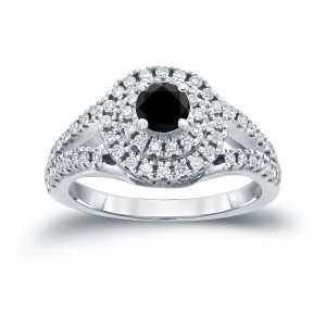 Yaffie ™ Crafts Stunning 1ct Round Black Diamond Cluster Engagement Ring