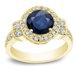 Sparkling Blue Sapphire and Diamond Halo Engagement Ring with 2ct Center Stone