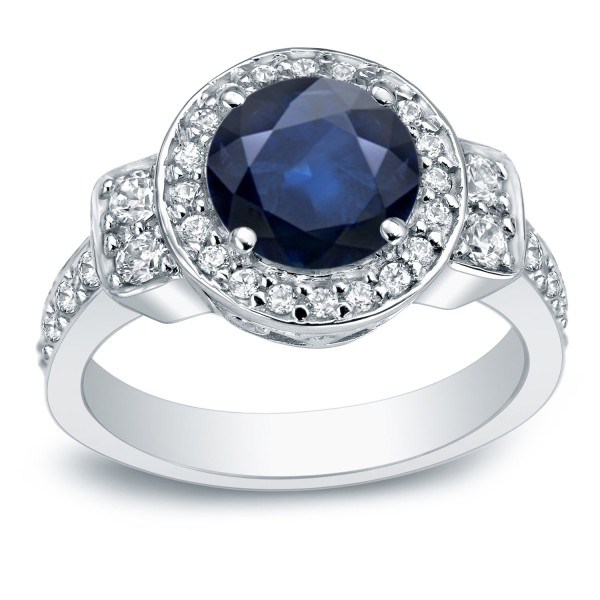 Sparkling Blue Sapphire and Diamond Halo Engagement Ring with 2ct Center Stone