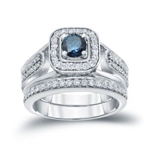 Vintagely Elegance: Yaffie Blue Round Diamond Ring Set with 3/4ct TDW.