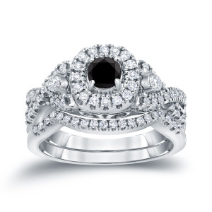 Yaffie ™ Unique Braided Black Diamond Bridal Ring Set with Halo and 3/4ct TDW