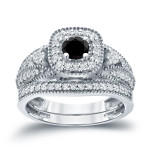 Yaffie ™ Custom Halo Black Diamond Wedding Ring Set - 3/4ct Total Diamond Weight