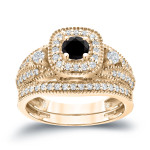 Yaffie ™ Custom Halo Black Diamond Wedding Ring Set - 3/4ct Total Diamond Weight