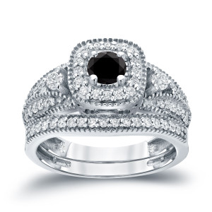 Yaffie ™ Custom Halo Black Diamond Wedding Ring Set - 3/4ct Total Diamond Weight