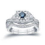 Braid-Set Blue Diamond Halo Wedding Ring with 0.75ct TDW by Yaffie