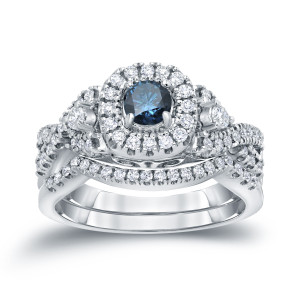 Braided Blue Diamond Wedding Ring Set with Halo – Yaffie 3/4ct TDW