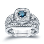 Halo Blue Diamond Wedding Ring Sets with Yaffie 3/4ct TDW