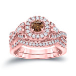 Braided Brown Diamond Halo Bridal Ring Set with Yaffie 3/4ct TDW
