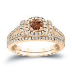 Brown Diamond Halo Wedding Ring Set - Featuring Yaffie 3/4ct Total Diamond Weight